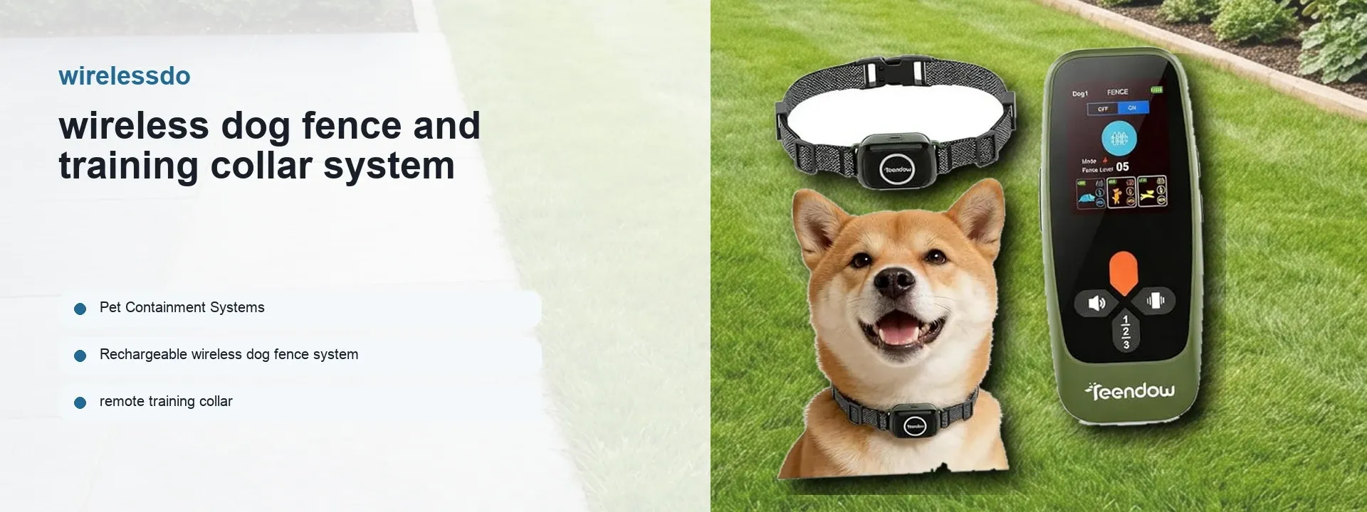 Wireless dog fence and training collar system shown with a collar, handheld transmitter, and dog on a grass background.